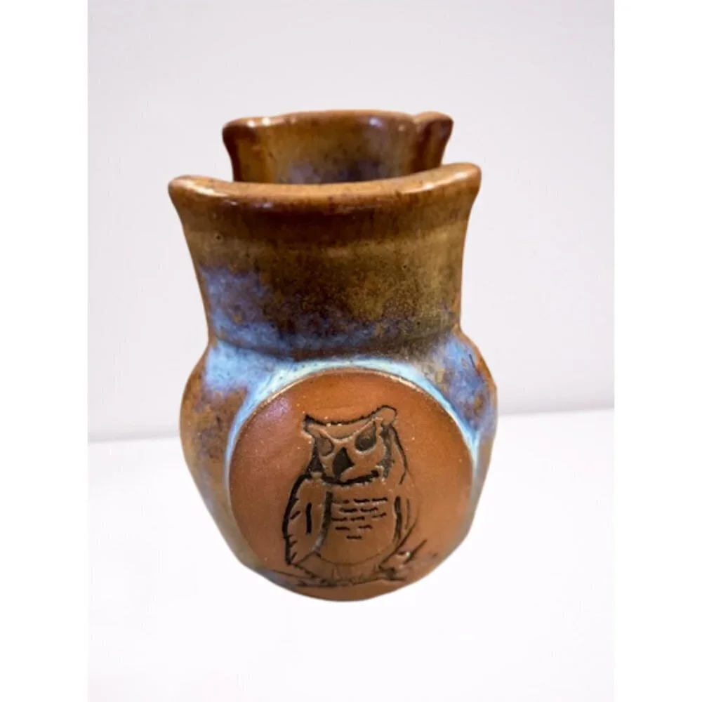 Phil Walsh Ceramic Drip Glazed Candle Holder Owl Engraved Brown Blue 3 1/2